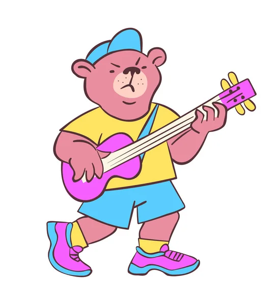 Funny Cartoon Character Isolated White Background Tough Bear Playing Bass — Stock Vector