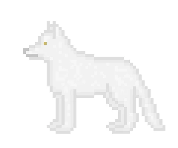 Gray wolf standing, side view, pixel art cartoon illustration isolated on white background. White dog symbol. Zoo/wildlife animal icon. Retro vintage old school 80s, 90s video/pc game character.