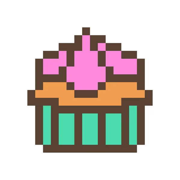 Cupcake with cream icing in a baking cup, 16x16 pixel art food icon isolated on white background. Tasty muffin. Bakery logo. Dessert menu. Old school 8 bit game graphics. Slot machine jackpot symbol.