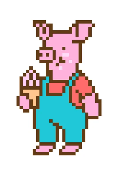 Pixel Arte Porco Comer Sorvete Cone Personagem Desenho Animado Isolado —  Vetores de Stock