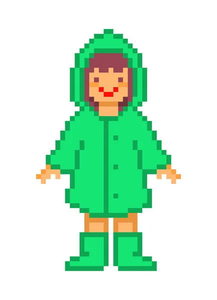 女孩在一个绿色的雨衣与帽子和橡胶靴站在雨中 老式卡通8位像素艺术字符隔离在白色背景 80S 90S 插槽机 视频游戏图形 — 图库矢量图片