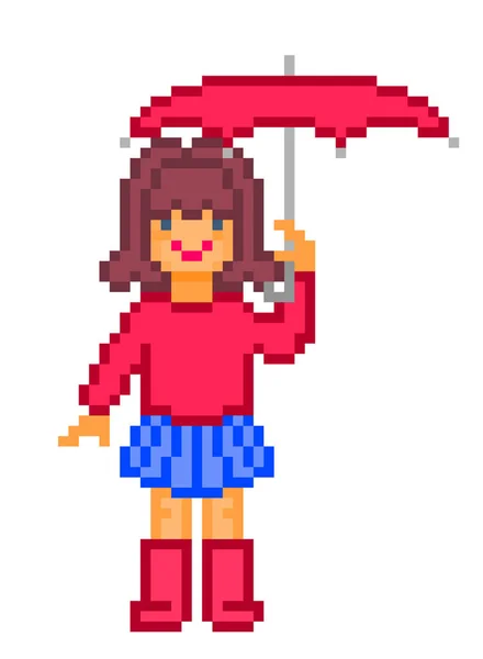 白い背景で隔離の漫画ピクセル アートのキャラクターを持つ少女 レトロな 年代のスロット マシンとビデオ ゲームのグラフィック 雨の中 ビンテージの ビットの図で立っている幸せな女 — ストックベクタ