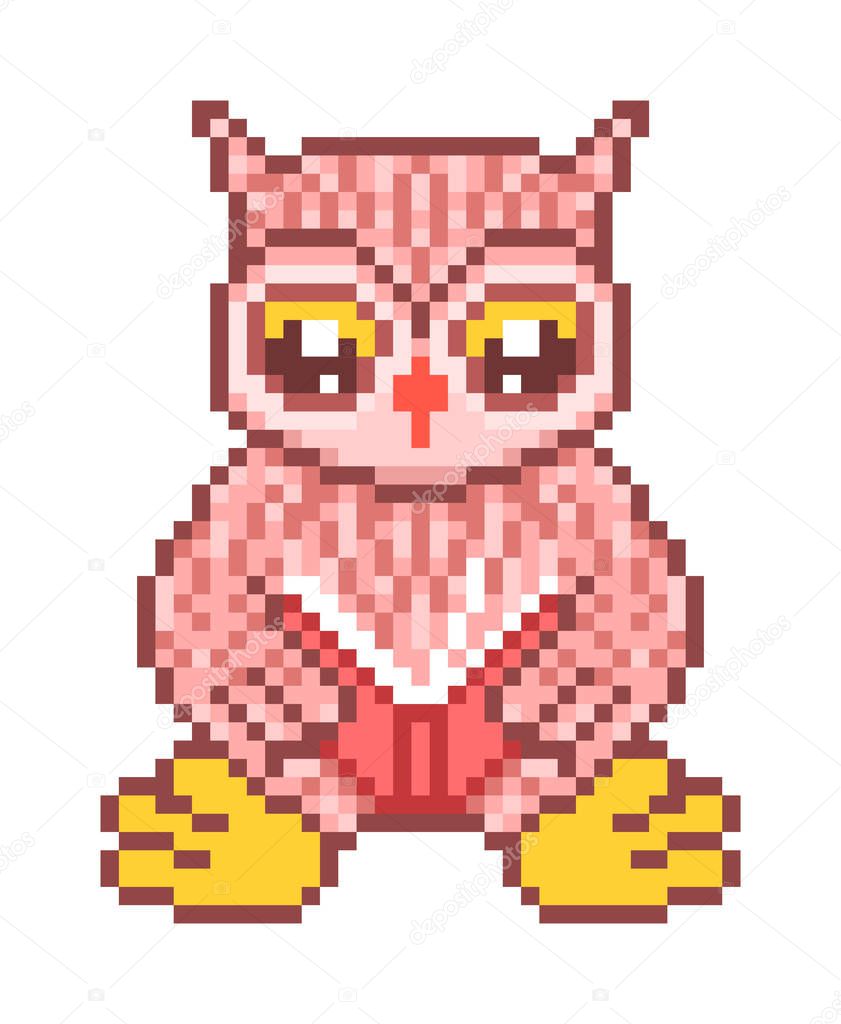 Cute smart owl sitting and reading a book, cartoon comic style pixel art character isolated on white background. Library logo. School mascot. Education/ learning symbol.Retro 8 bit video game graphics