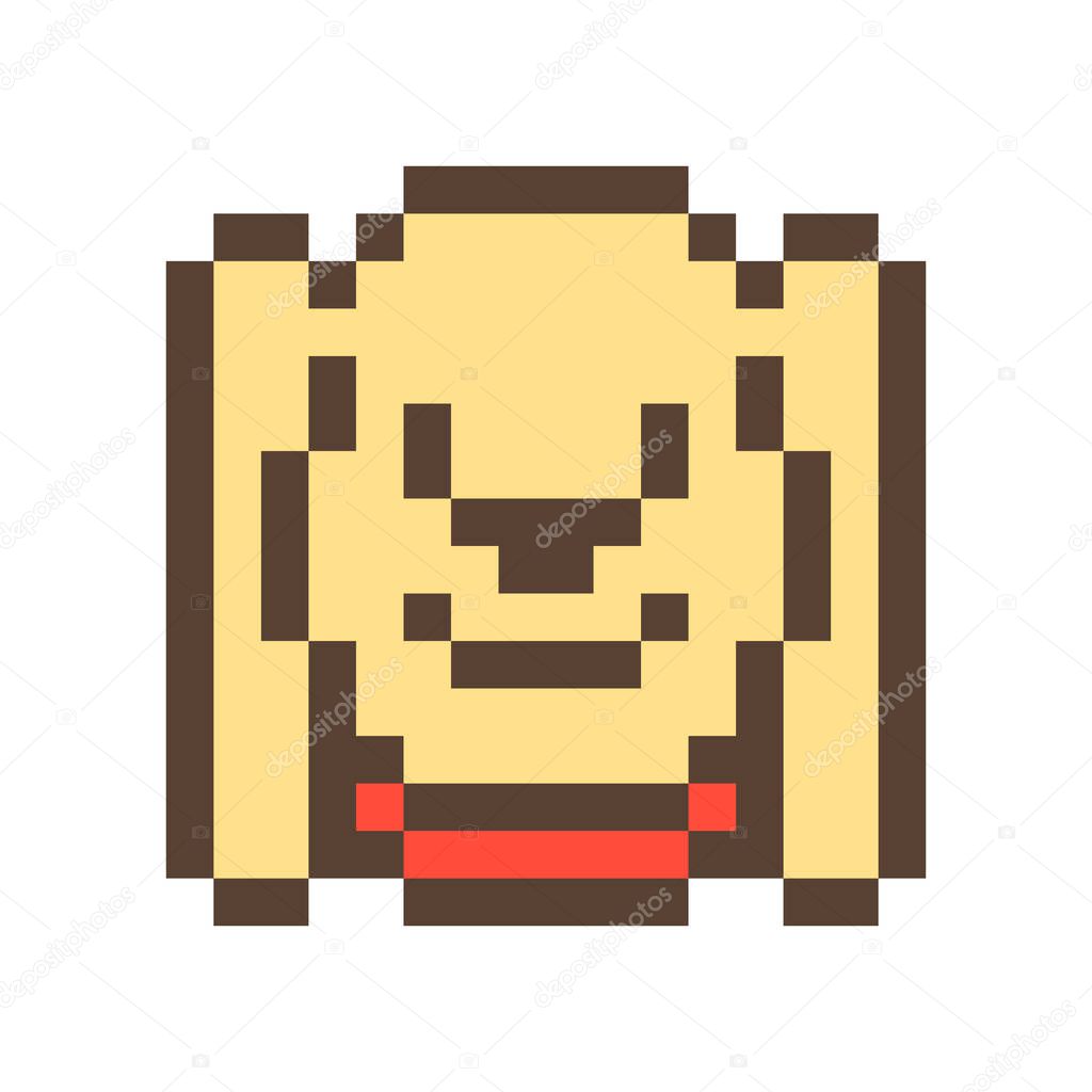 Cute smiling yellow dog muzzle,16x16 pixel art icon isolated on white background. Chat app sticker/social media account/user profile avatar/messenger emoji. Pet shop/toy store/vet/animal shelter logo.