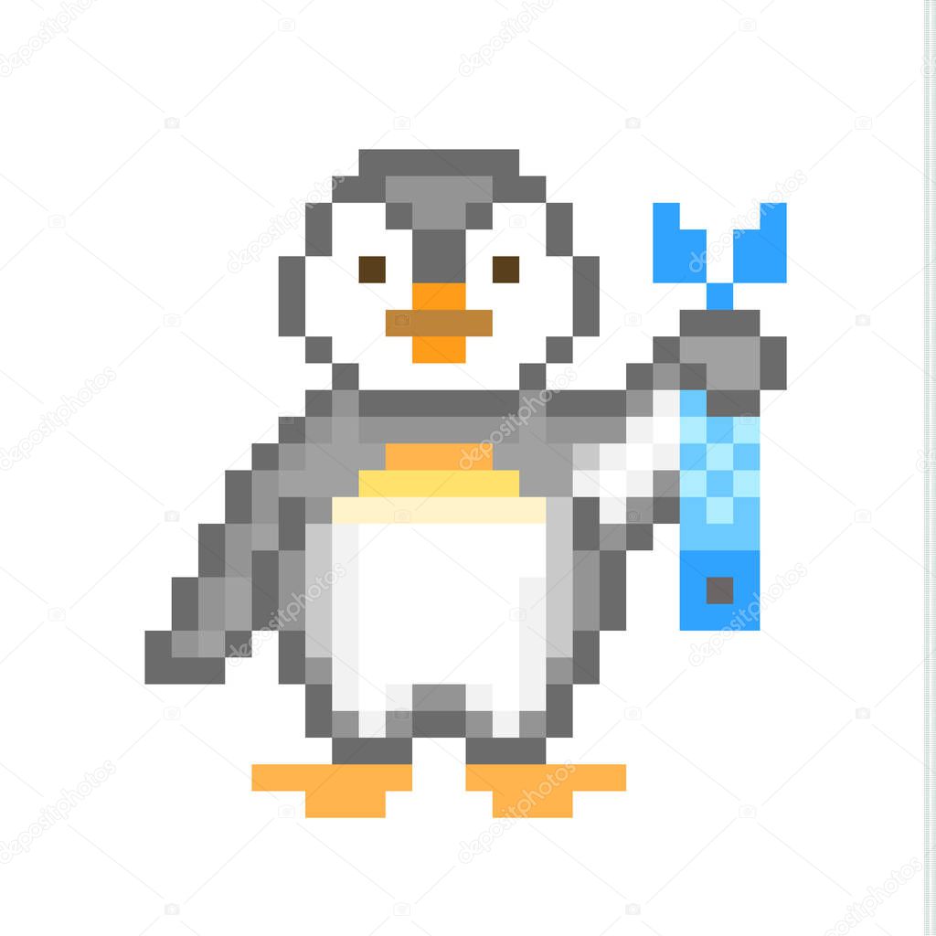 Cute little baby emperor penguin holding a fish, cartoon pixel art character isolated on white background. Ocean bird child. Water animal kid. Retro 8 bit video/pc game wildlife animal. Fishing logo.