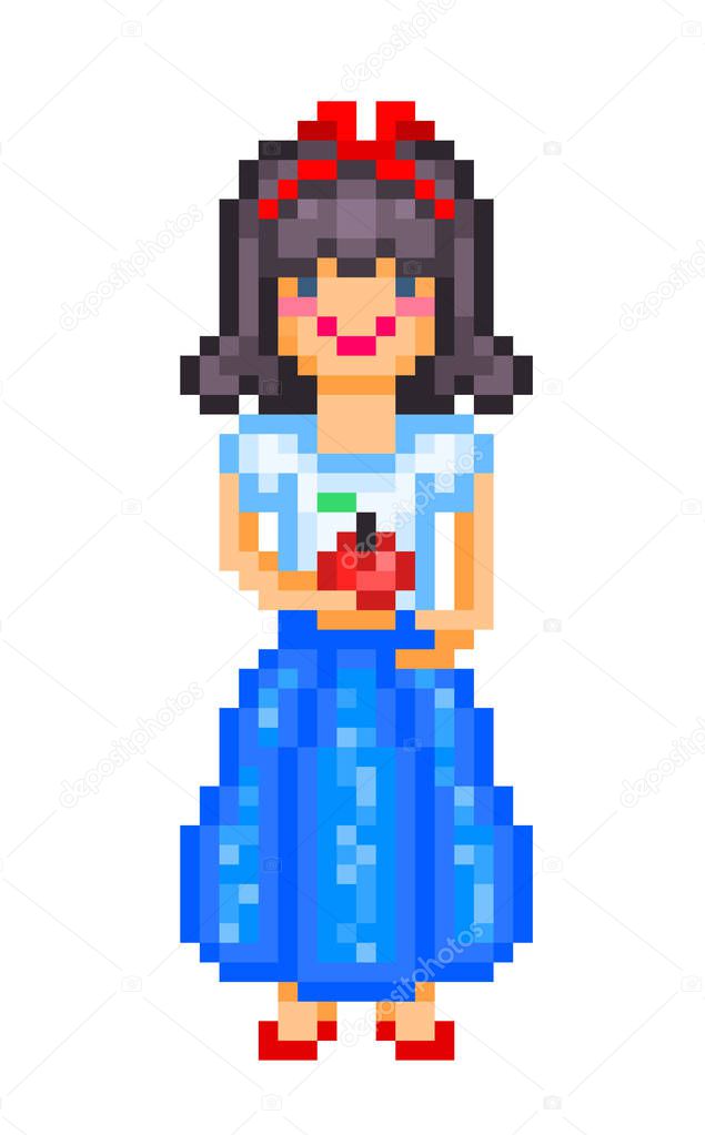 Snow White with red apple, 19th-century German fairy tale character, pixel art isolated on white background. Happy girl in a blue dress holding a fruit. Retro 80s; 90s slot machine/video game graphics