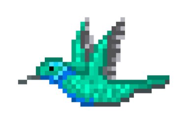 Pixel art green hummingbird isolated on white background. Colibri icon. Cute 8 bit bird logo. Retro vintage 80s; 90s slot machine/video game graphics.  clipart