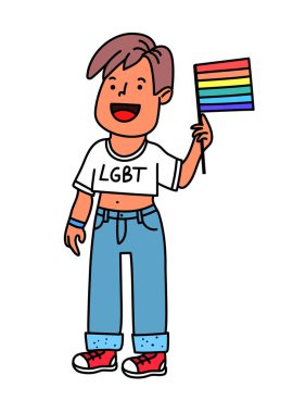 Lezbiyen gay geçit bir gökkuşağı bayrağı ile. Beyaz arka plan üzerinde izole Lgbt gösteri karakter. Kadın geliyor. Cinsiyet eşitliği poster. Eşcinsel evliliğe eylemci. Cinsel azınlık hakları.