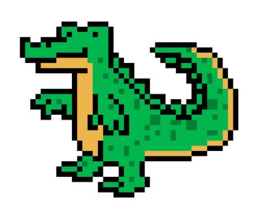 Beyaz arka plan üzerinde izole piksel sanat timsah karakter. Yaban hayatı/Hayvanat Bahçesi/Milli Parkı/safari hayvan simgesi. Şirin 8 bit timsah logosu. Retro vintage 80s; 90'lı yılların slot makinesidir/video oyun grafik. 
