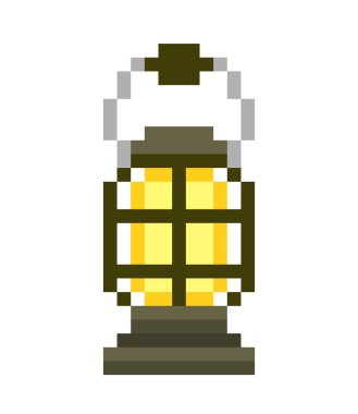Siyah metal kamp fener, beyaz arka plan üzerinde izole piksel sanat simge. Taşınabilir elektrik meşale sembol. Turist ekipman. Retro 80'ler, 90s video oyun grafikler. Eski okul 8 bit slot makinesidir piktogram.