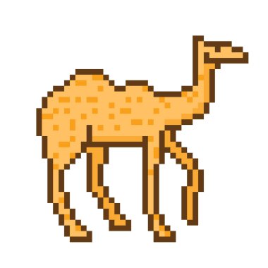 Beyaz arka plan üzerinde izole piksel sanat deve karakter. Yaban hayatı/Hayvanat Bahçesi/çöl/sirk hayvan simgesi. Şirin 8 bit logosunu görmeniz gerekir. Retro vintage 80s; 90'lı yılların slot makinesidir/video oyun grafik. 