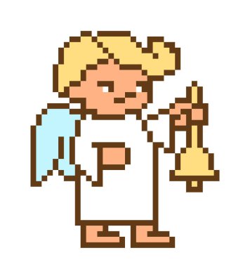 Küçük melek çocuk çan, beyaz arka plan üzerinde izole piksel sanat karakter. Neşeli Noel kartı. Dini bayram sembolü. Eski okul 8 bit retro 80'ler, 90s video oyun grafikler. Çocuk melek.