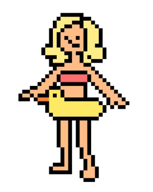 Piksel sanat sarı ördek yüzmek ringde yüzmeyi öğrenme bikini sarışın kız. 8 bit beach parti karakter üzerinde beyaz izole. Eğlenceli yaz tatil eğlence. Havuz aktivitesi için hava ile şişirilen güvenlik ekipmanları.