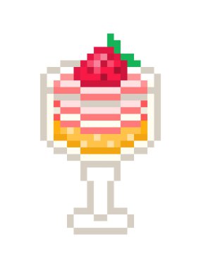 Bir kasede, piksel sanat illüstrasyon izole beyaz arka plan üzerinde katmanlı çilekli tatlı. Düğün/Doğum günü partisi tedavi. Cafe/Restoran menü etiket. Pudingi çilek ile. Panna cotta. Krem mus.