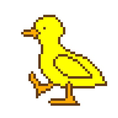 Eski okul 8 bit piksel sanat sarı ördek yavrusu yürüyüş. Beyaz arka plan üzerinde izole iç çiftlik hayvanı. Gosling sembolü. Bebek kuş karakter. Retro video/pc oyun/slot makine grafik. Yerli ördek.