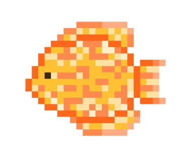 Sarı Pompadour balık, beyaz arka plan üzerinde izole piksel sanat karakter. Discus simgesi. Evde beslenen hayvan dükkan logosunu görmeniz gerekir. Oceanarium maskotu. Fishkeeping hobi sembolü. Eski okul 8 bit slot makinesidir/video oyun grafik.