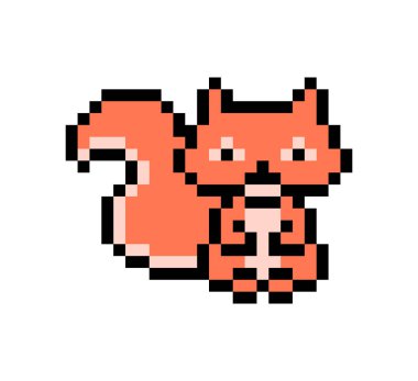 Beyaz arka plan üzerinde izole piksel sanat sincap karakter. Yaban hayatı orman hayvan simgesi. Şirin 8 bit logosunu görmeniz gerekir. Retro vintage 80s; 90'lı yılların slot makinesidir/video oyun grafik.