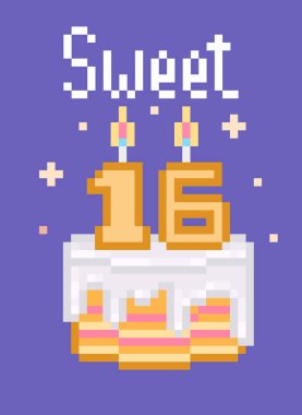 Retro 80'ler, 90'lı yılların mutlu Doğum günü kartı kelimelerle ve beyaz buzlanma ve yanma damlama ile pasta mumlar menekşe arka plan üzerinde piksel sanat. Renkli Sweet 16 parti davet şablonu. Şekerli tatlı poster