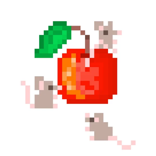 Trois Petites Souris Jouant Avec Pomme Rouge Illustration Pixel Art — Image vectorielle