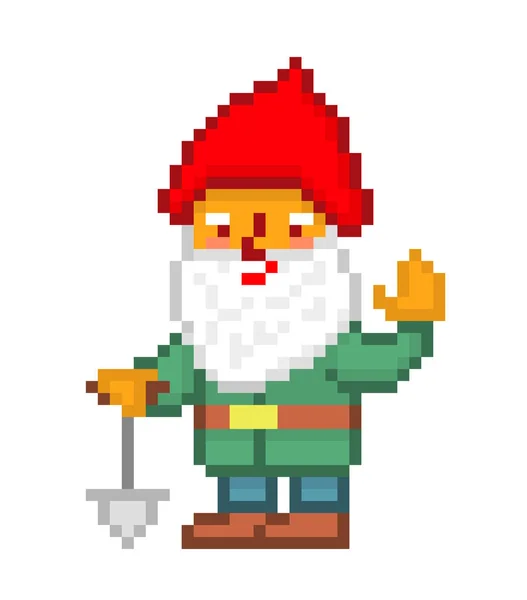 Küçük bir kürek sallayarak, üzerinde beyaz izole piksel sanat ile gnome kırmızı sivri şapka, yeşil ceket ve mavi pantolon içinde sakallı. Çim süsleme. Masal karakteri. 8 bit cüce logosunu görmeniz gerekir. Cüce cin maskot.