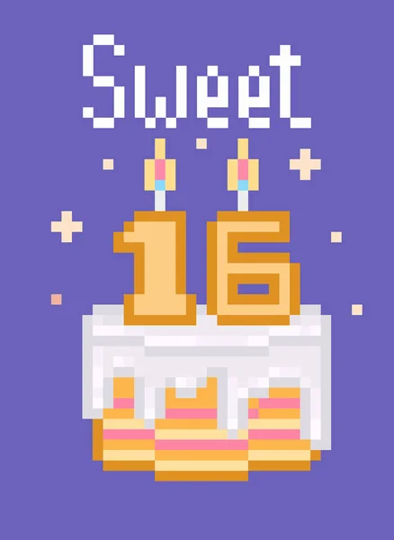 Retro 80'ler, 90'lı yılların mutlu Doğum günü kartı kelimelerle ve beyaz buzlanma ve yanma damlama ile pasta mumlar menekşe arka plan üzerinde piksel sanat. Renkli Sweet 16 parti davet şablonu. Şekerli tatlı poster