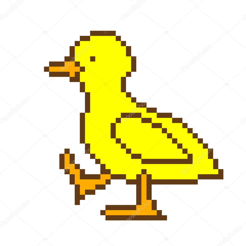 Old school 8 bit pixel art yellow duckling walking. Domestic farm animal isolated on white background. Gosling symbol. Baby bird character. Retro video/pc game/slot machine graphics. Domestic duck.