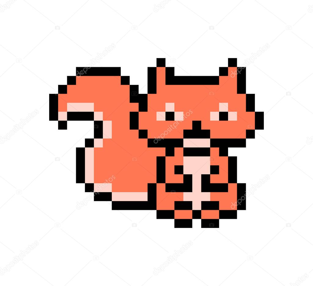 Pixel art squirrel character isolated on white background. Wildlife forest animal icon. Cute 8 bit logo. Retro vintage 80s; 90s slot machine/video game graphics.