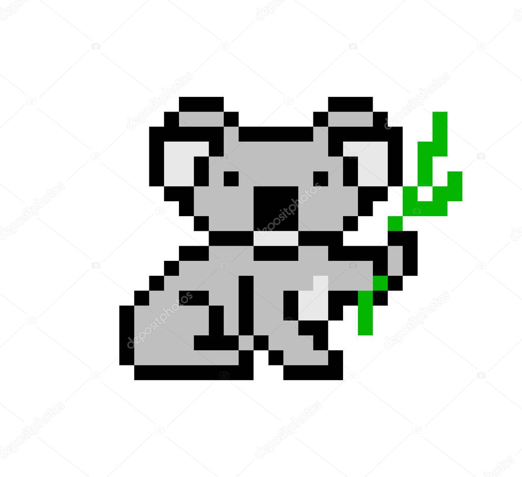 Pixel art koala bear character isolated on white background. Australian wildlife/zoo/national park animal icon. Cute 8 bit logo. Retro vintage 80s; 90s slot machine/video game graphics.