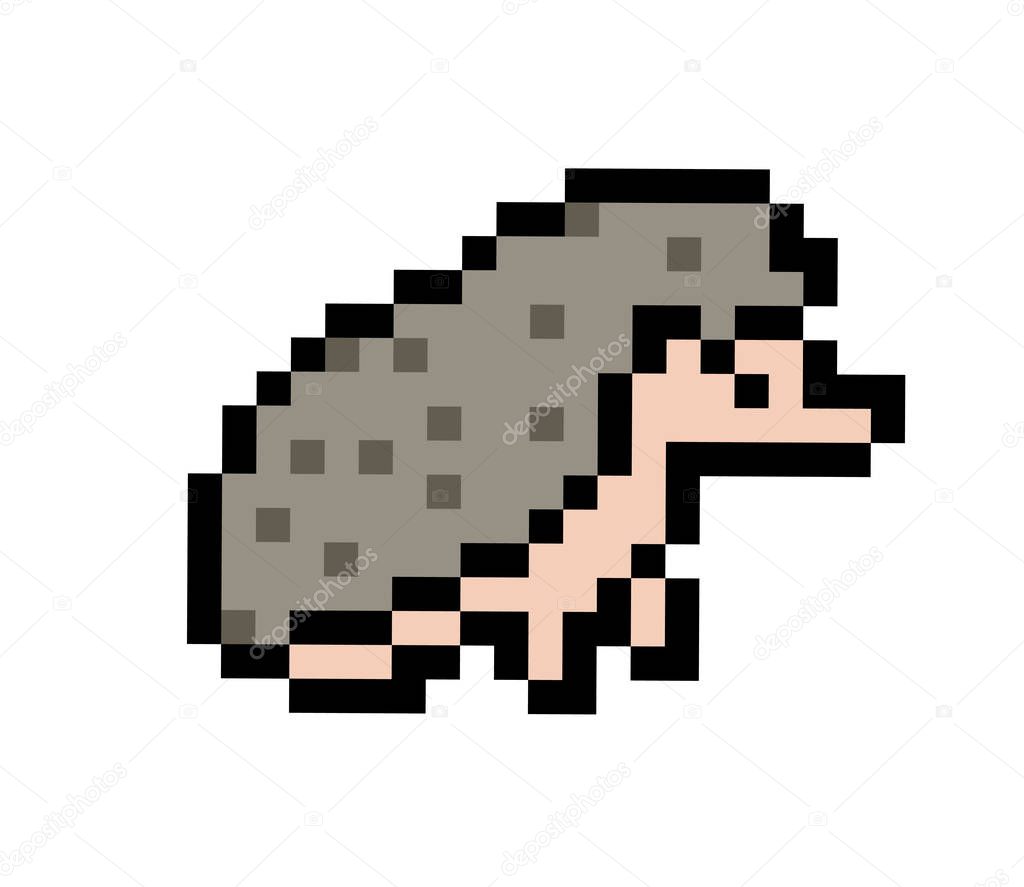 Pixel art hedgehog character isolated on white background. Wildlife/zoo/national park/forest animal icon. Cute 8 bit mammal logo. Retro vintage 80s; 90s slot machine/video game graphics.