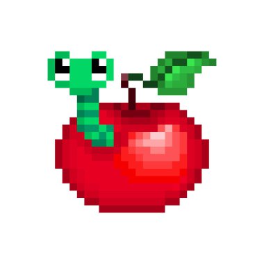 Kırmızı elma ile içinde yeşil solucan, beyaz arka plan üzerinde piksel sanat illüstrasyon izole. Şirin 8 bit karikatür meyve logosunu görmeniz gerekir. Retro vintage 80s; 90'lı yılların slot makinesidir/video oyun grafik. Hasat bitkileri koruma araçlar.