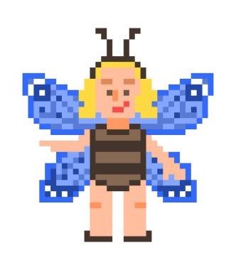 Küçük sarışın kız mavi kelebek kostümlü, beyaz arka plan üzerinde izole piksel sanat karakter. Cadılar Bayramı partisi şahsiyet giysi. Doğanın harika peri. 8 bit slot makinesidir/video oyun grafik.