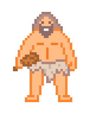 Büyük sakallı kıllı Mağa ra Ada mı sopasıyla beyaz arka plan üzerinde izole piksel sanat karakter. Avcılık vahşi eski insanlar. Retro vintage 80s; 90'lı yılların slot makinesidir/video oyun grafik.