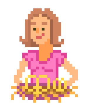 Pembe gömlekli bir tabakta, beyaz arka plan üzerinde izole piksel sanat karakter simit hizmet mutlu garson. 8 bit Octoberfest ekmek kadınla. Retro 80'ler; 90'lı yılların slot makinesidir/video oyun grapics.
