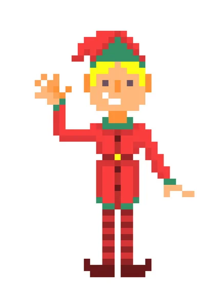Menino Elfo Natal Acenando Personagem Pixel Art Isolado Fundo Branco — Vetor de Stock