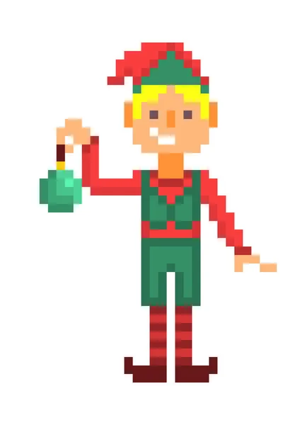 Ragazzo Elfo Natale Con Giocattolo Verde Personaggio Pixel Art Isolato — Vettoriale Stock