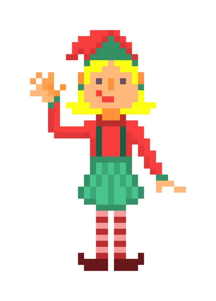 Christmas Elf Viftande Pixel Konst Karaktär Isolerad Vit Bakgrund Bitars — Stock vektor