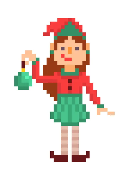 Christmas Elf Flicka Med Grön Leksak Pixel Konst Karaktär Isolerad — Stock vektor