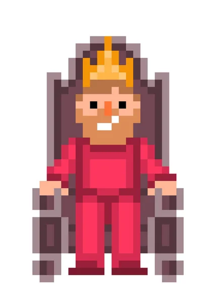 Seduto Trono Costume Rosso Una Corona Oro Pixel Art Personaggio — Vettoriale Stock