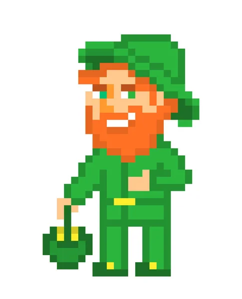 Zencefil yeşil kostüm ve altın, beyaz arka plan üzerinde izole piksel sanat bir pot ile şapka cin sakallı. İrlandalı folklor karakter. Sevgililer günü kartı. 8 bit slot makinesidir/video oyun grafik.