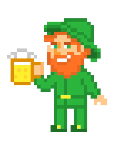 Leprechaun Com Uma Caneca Cerveja Pixel Art Isolado Fundo Branco —  Vetores de Stock