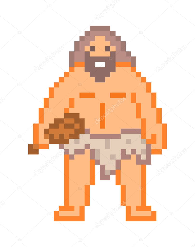 Big bearded hairy caveman with a bat, pixel art character isolated on white background. Fierce ancient man hunting.   Retro vintage 80s; 90s slot machine/video game graphics.