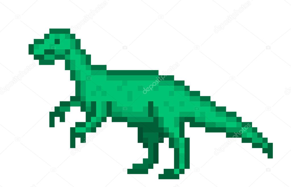 Huge green dinosaur (monolophosaurus) hunting, 8 bit pixel art wild animal isolated on white background. Archeology/paleontology/science symbol. Ancient reptile monster. Jurassic period creature logo.