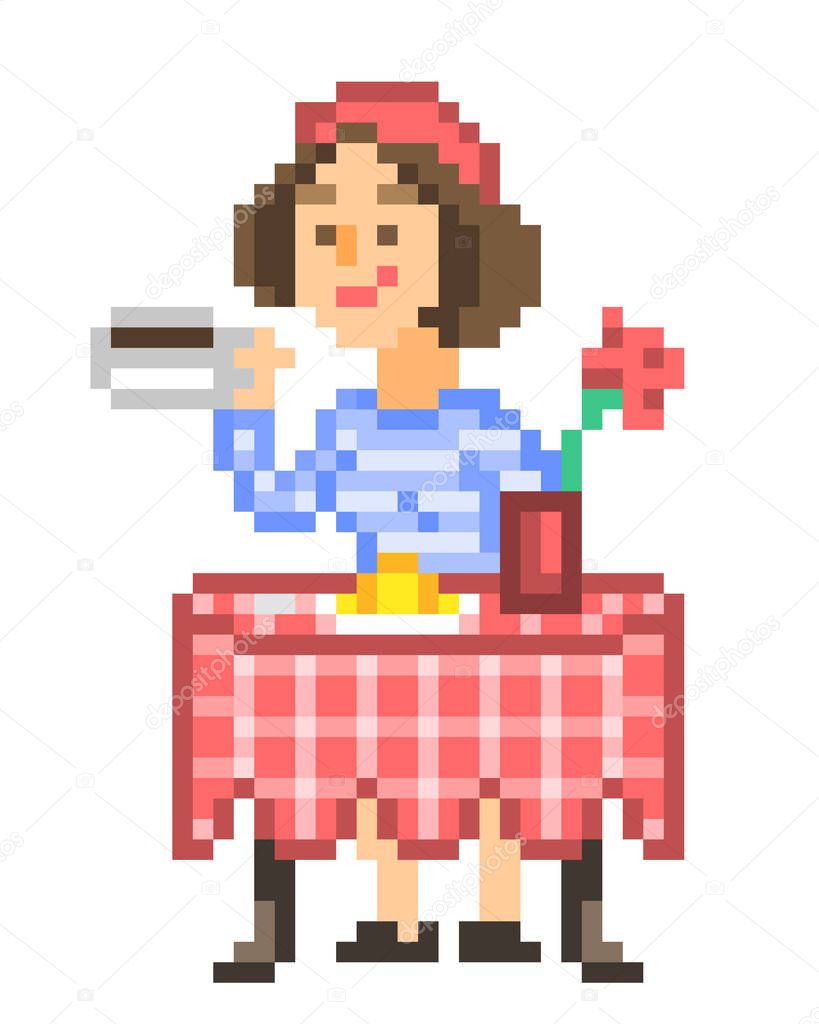 Elegant french girl in red beret sitting at a restaurant table drinking coffee and eating croissant, pixel art female character. Morning breakfast in a cafe. Woman taking a lunch break.