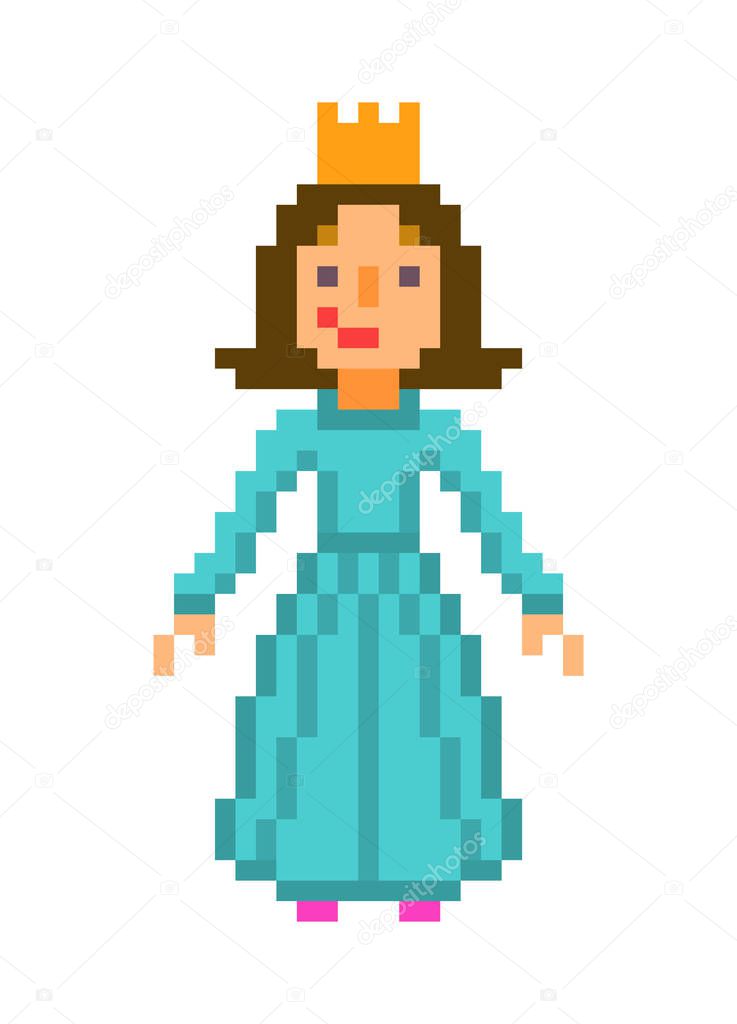 Little princess in a golden crown and a blue dress, pixel art character isolated on white background. Fairy tale personage. Old school 8 bit slot machine/video game graphics. Cute queen logotype.