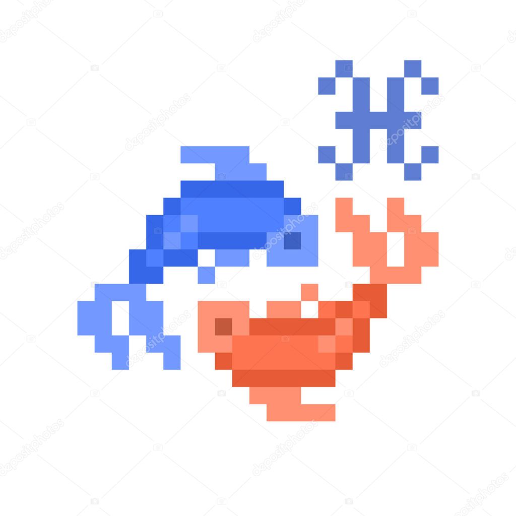 Pisces Zodiac sign icon, 8 bit pixel art fishes isolated on white background. Astrological symbol. Esoteric science logo. Horoscope emblem.