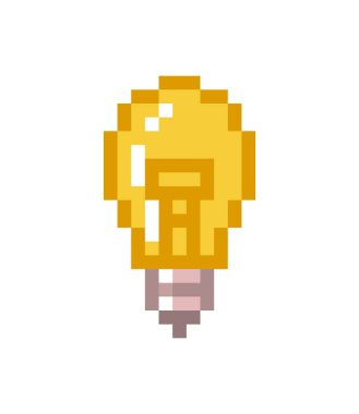 Warm yellow electric light bulb, pixel art icon isolated on white background. Idea concept. Household object symbol. Retro old school 80s-90s 8 bit slot machine/video game graphics.