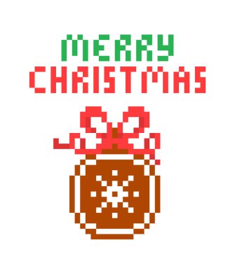 Round gingerbread Christmas tree ornament decorated with white sugar icing snowflake and red ribbon bow, 8 bit pixel art card isolated on white background.Sweet gift.Winter holiday  bauble shape treat