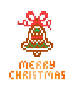 Beyaz, kırmızı, yeşil şeker buzlanma ve şerit yay, 8 bit piksel sanat tebrik kartı/banner beyaz arka plan üzerinde izole Gingerbread çan süslenmiş. Yenilebilir Noel ağacı süsleme. Kış tatil tedavi.