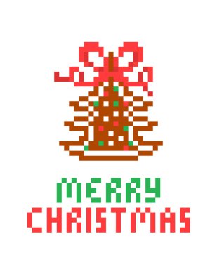 Gingerbread Christmas tree ornament decorated with white, red, green sugar icing and ribbon bow,  8 bit pixel art greeting card isolated on white background. Sweet gift. Winter holiday treat.
