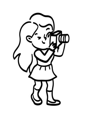 Kadın alarak bir resim, siyah beyaz çizgi film karakteri. Boyama kitabı sayfası. Profesyonel fotoğrafçı çalışma. Paparazzi/Turizm ile bir fotoğraf makinesi. Sanat okulu öğrencisi. Yaratıcı hobi. Fotoğraf çekim işlemi